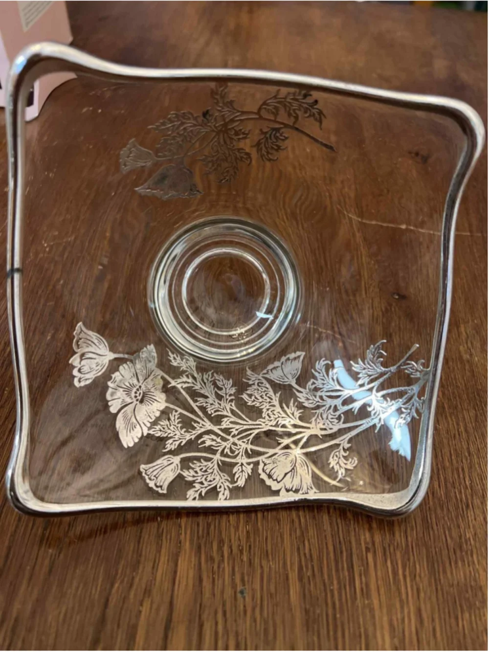 Square Glass Bowl Candy Dish Silver 6in Poppy Pattern Footed Vintage EUC